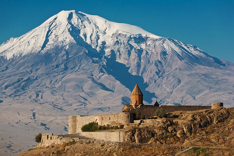 Armenian monastery against Mount Ararat across the Turkish border