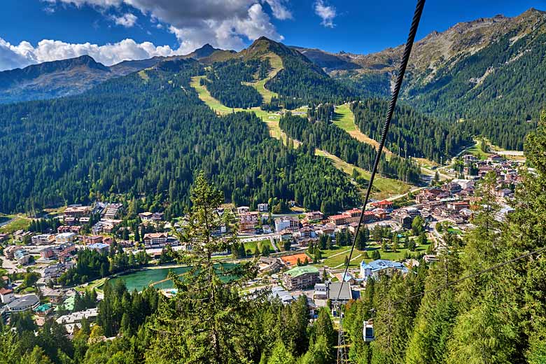 Rising high by gondola above Madonna di Campiglio, Italian Dolomites