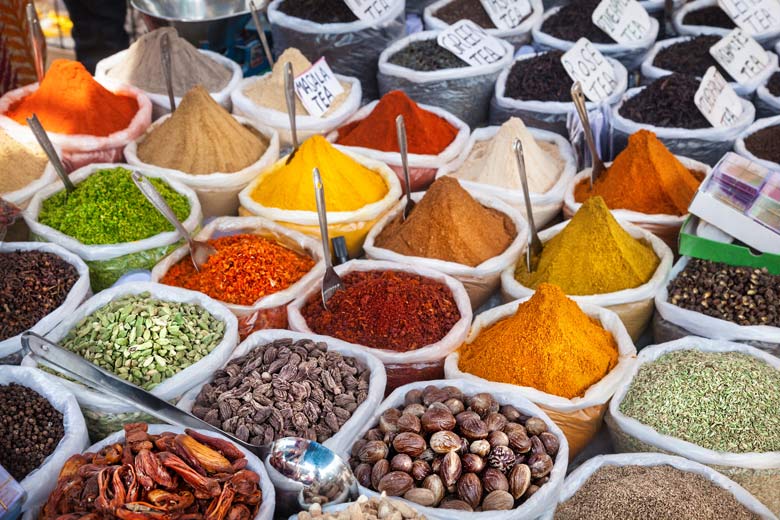 Spices from the plantations on sale in a Goa market, India