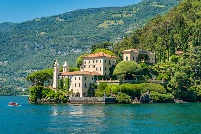 Pastel-hued Villa del Balbianello, Lake Como